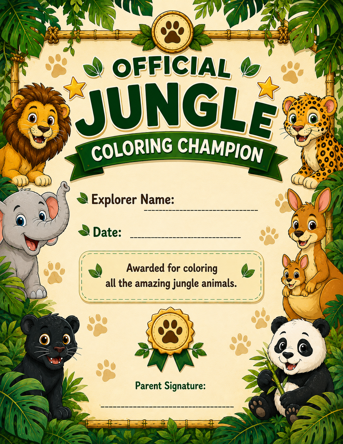 Bonus certificate — Official Jungle Colouring Champion