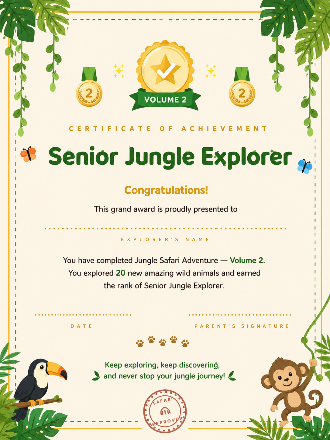 Volume 2 explorer certificate — Senior Jungle Explorer