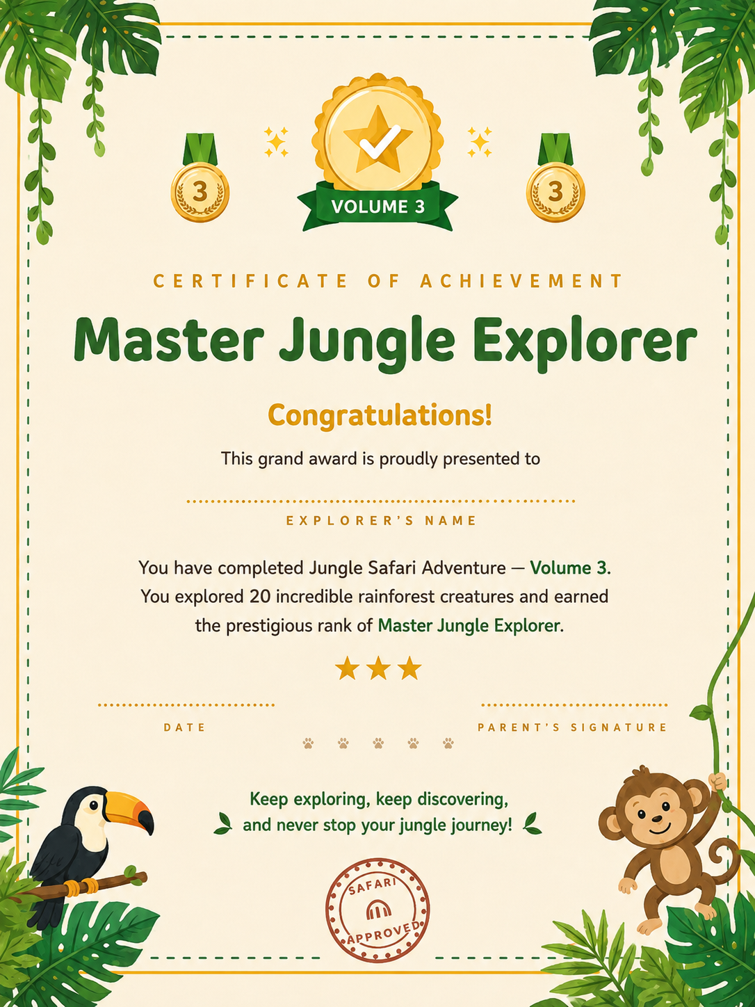 Volume 3 explorer certificate — Master Jungle Explorer